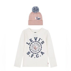 Little Girls Long Sleeve‎ T-shirt and Pom Beanie, 2 Piece Set